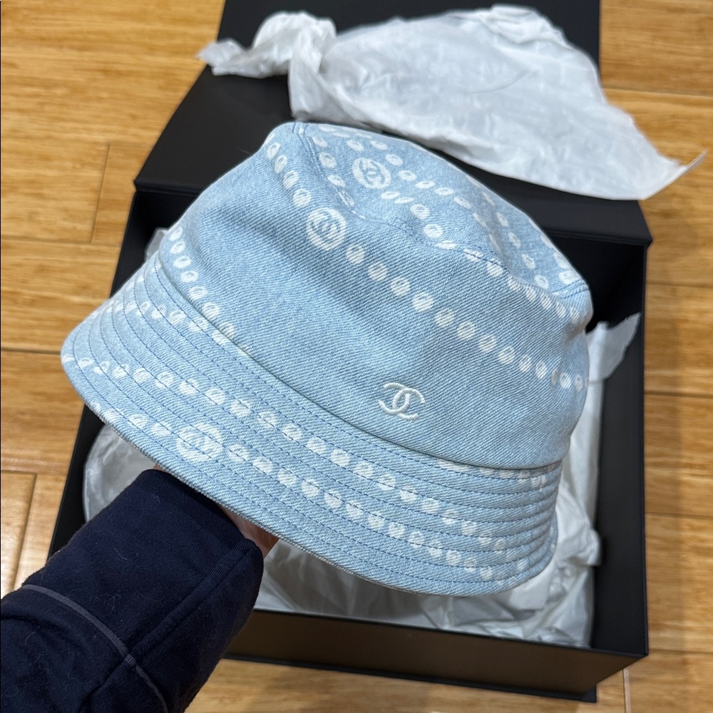 CHANEL Sky Blue and White Bucket Hat